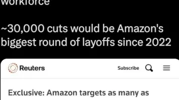 Amazon headquarters with AI and job cut graphics